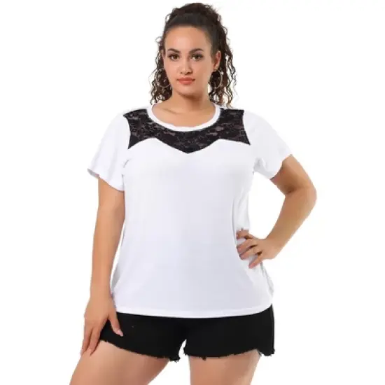 Agnes Orinda Women's Plus Size Lace Insert Short Sleeves Round Neck T-shirts image {7}