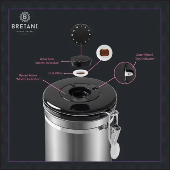 Bretani 24 oz Coffee Canister & Scoop Set - Stainless Steel Airtight Kitchen Storage Container for Coffee Beans and Grounds image {3}