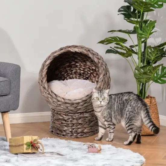 FURNIinspire Handwoven Elevated Cat Bed with Cushion & Stand,Egg Chair Shape Cat Basket Kitty House for Indoor,16.5"*13"*20.5" image {3}