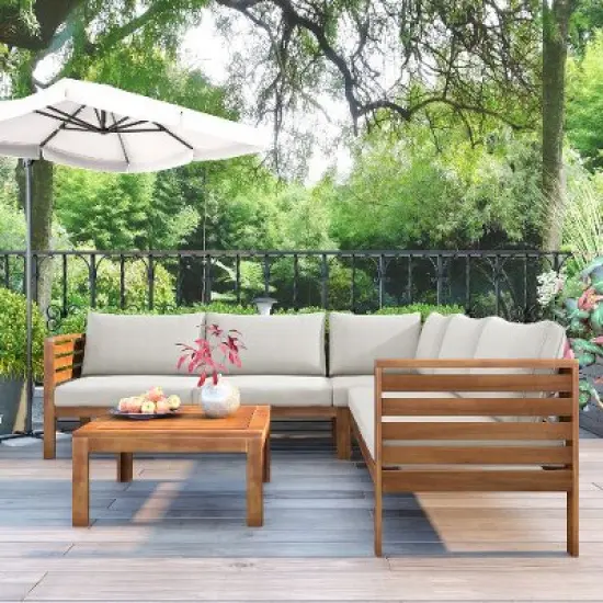 Sapphtopaz Acacia Wood Outdoor Sofa Set with Cushions, Modular Sofa with Wooden Coffee Table, Exotic Outdoor Patio Sofa Set, Water-resistant image {1}