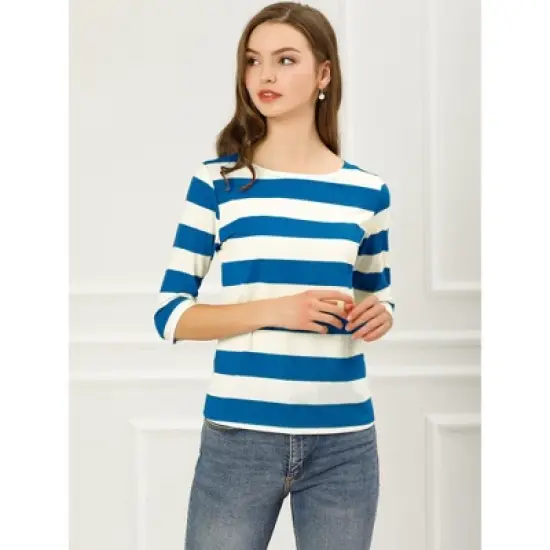 Allegra K Women's Elbow Sleeves Casual Basic Boat Neck Slim Fit T-Shirts image {2}