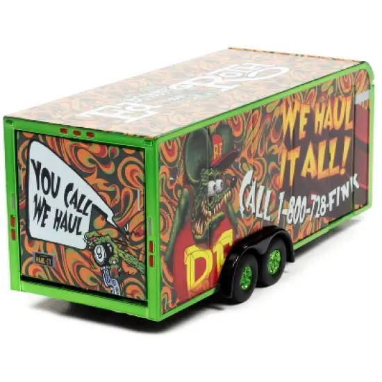 4-Wheel Enclosed Car Trailer Green with Graphics "Rat Fink: We Haul it All!" 1/64 Diecast Model by Auto World image {2}