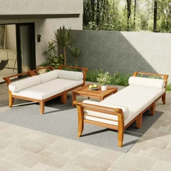 6 PCS Patio Sofa Set, Modular L-Shaped Sectional Sofa with Ottoman and Tea Table, Acacia Wood Frame Sofa with Polyester Cushion-Coolbibila image {1}