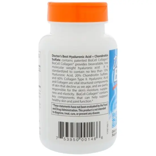Doctor's Best Hyaluronic Acid + Chondroitin Sulfate with BioCell Collagen&reg;, 60 Veggie Capsules image {2}