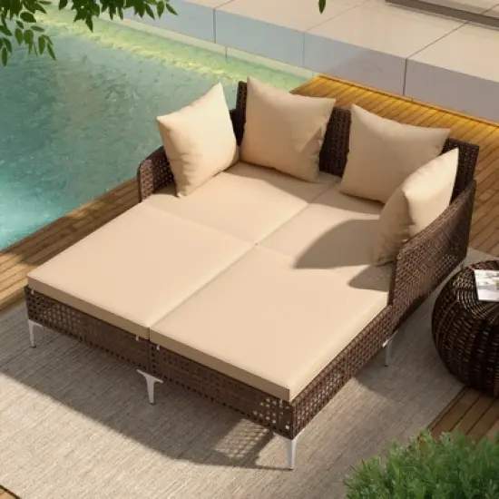 Tangkula Outdoor Rattan Double Daybed Wicker Chaise Lounge for 2 w/ Seat & Back Cushions image {2}