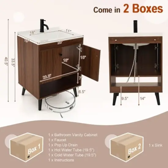 Tangkula 25 Inch Wooden Bathroom Vanity Sink Combo with Open Shelf & Sink & Pop Up Drain image {8}