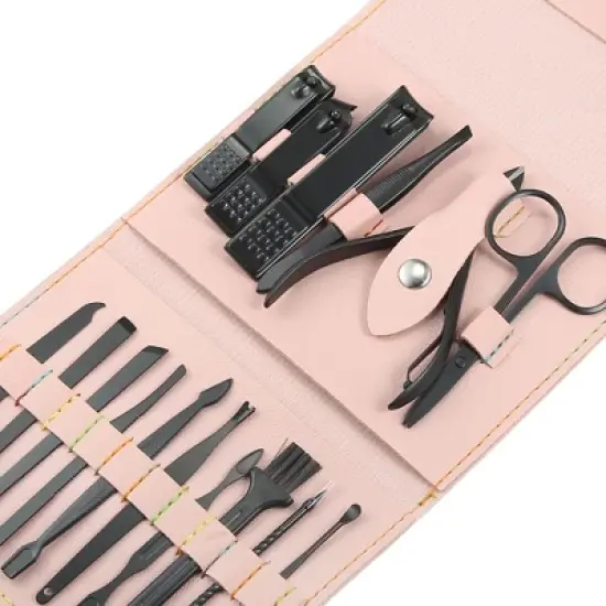 Unique Bargains Stainless Steel Pedicure Nail Clippers Scissors Tool Set Black with Gray PU Leather Black 16Pcs image {2}