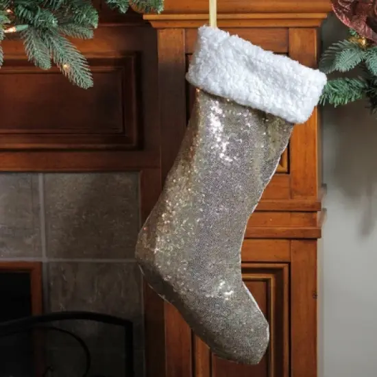 Northlight 18" Gold Paillette Sequins Christmas Stocking with High Pile Fleece Cuff image {1}