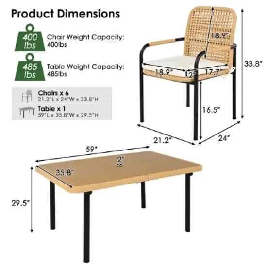 FIONECA 7-Piece Outdoor Wicker Patio Dining Set with Plastic-Wood Table Top, Umbrella Hole, Beige Cushions &uml;C Backyard, Garden & Poolside Furniture image {5}