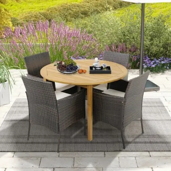 Tangkula 5 PCS Patio Dining Set Round Acacia Wood Table 4 Cushioned Wicker Armchairs image {2}