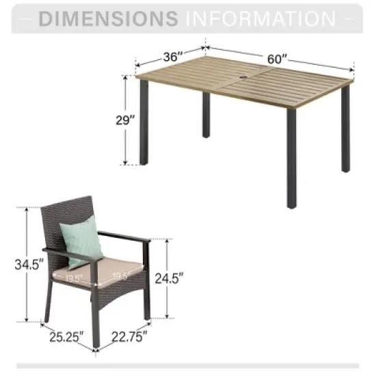 Captiva Designs 7pc Patio Slatted Top Steel Dining Table with Umbrella Hole & Cushioned Armrest Rattan Chairs image {10}