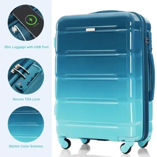 NAYSAYE Luggage 3 Piece Set Carry-on Suitcase with USB Port Spinner Wheels Durable Hard Shell for Travel, Blue, 19.2"*11.6"*28.4" image {2}