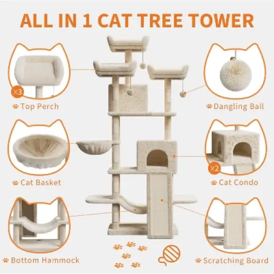 68.5'' Large Cat Tree, Heavy Duty Cat Tower with Condo, Plush Perches, Sisal Scratching Posts, Hammocks, Basket, Dangling Ball image {5}