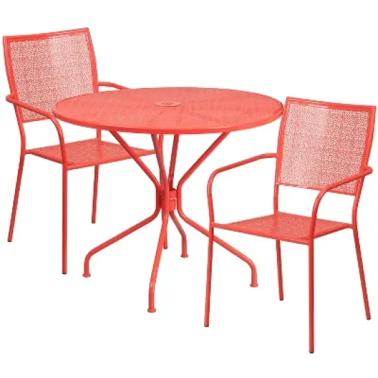 Flash Furniture Oia Commercial Grade 35.25" Round Indoor-Outdoor Steel Patio Table Set with 2 Square Back Chairs image {4}