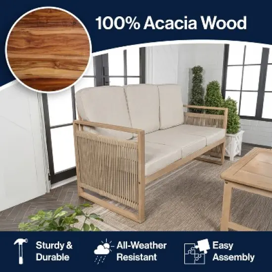 Gable 3-Seat Mid-Century Modern Roped Acacia Wood Outdoor Sofa with Cushions - JONATHAN Y image {5}