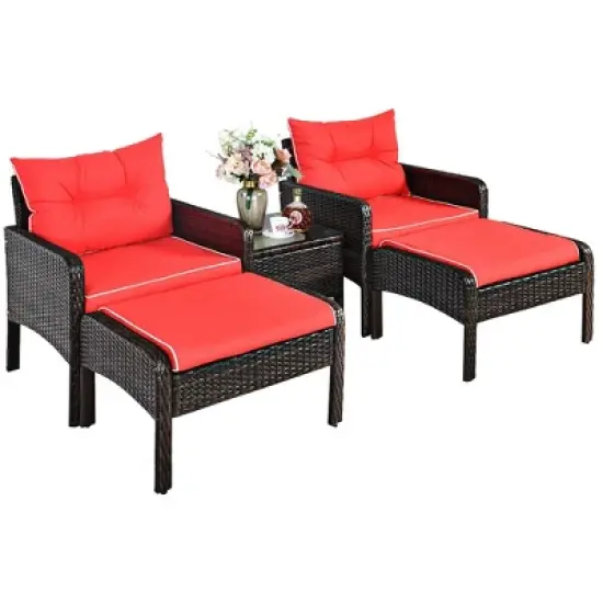Costway 5 PCS Patio Rattan Furniture Set Sofa Ottoman Table Cushioned Yard Red image {9}