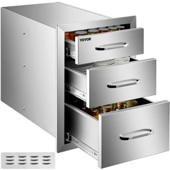 VEVOR Outdoor Kitchen Drawers 14" W x 20.3" H x 23" D, Flush Mount Triple Access BBQ Drawers Stainless Steel with Handle, Silver image {8}