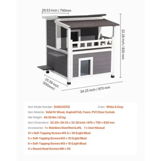 VEVOR Insulated Cat House, 2-Story Wooden Cat Shelter, Foam Insulation, Feral Kitty Shelter with Balcony, Waterproof Cats Condos, White&Grey image {7}
