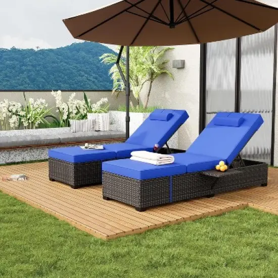 2 PCS Patio Chaise Lounge Chairs, Recliner Chairs with Side Foldable Tabletop, Reclining Chair with Adjustable Backrest Cushions for Poolside image {6}