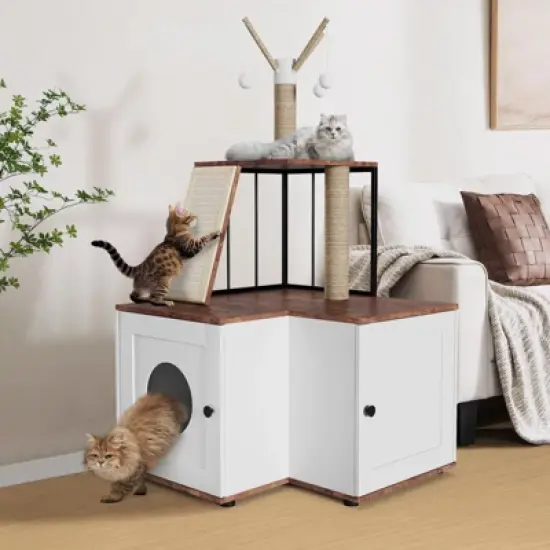 Cat Litter Box Enclosure Hidden Litter Box, Large Tall Cat Tower, 2 in 1 Multi Level 48.8 Inch Wooden Furniture with Scratching Post image {6}