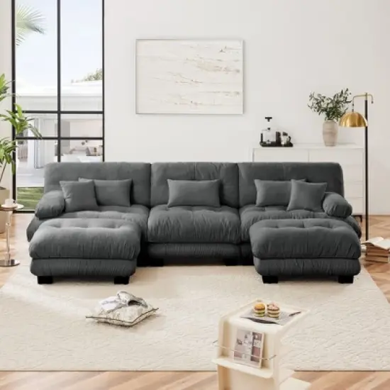 NicBex Couches for Living Room 3-Seater Sofa Cloud Couch Comfy Chenille Upholstered Modular Deep Seat Sofa with 5 Pillows and Ottoman image {3}