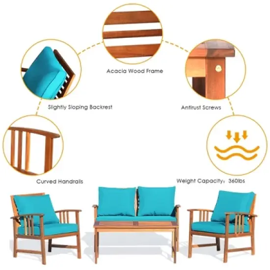 Tangkula 8pcs Wooden Patio Furniture Set Table & Sectional Sofa w/ Turquoise Cushion image {5}