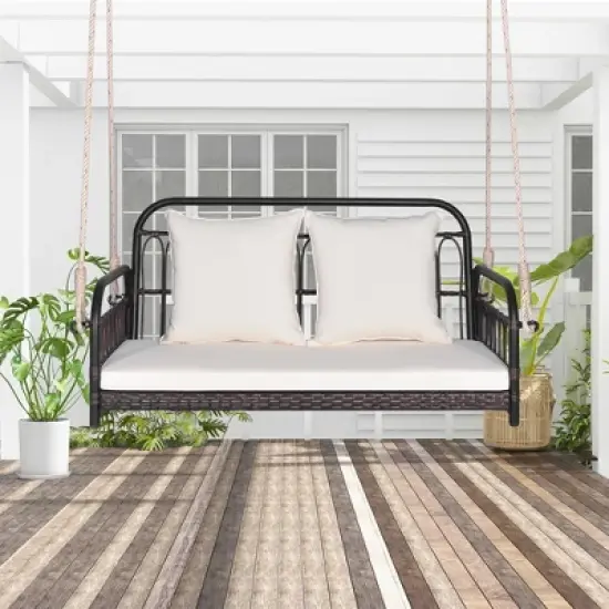 Tangkula Wicker Porch Swing 2-Person Outdoor Patio Hanging Chair w/ Cushions Mix Brown image {3}