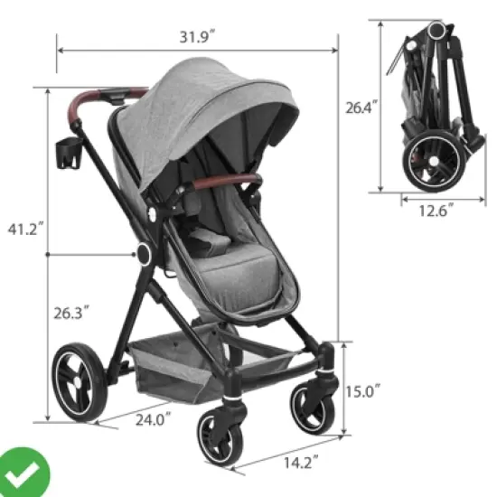 Convertible Baby Stroller 2 in 1 with Adjustable Backrest & Canopy Foldable Aluminum Alloy Anti-Shock image {8}