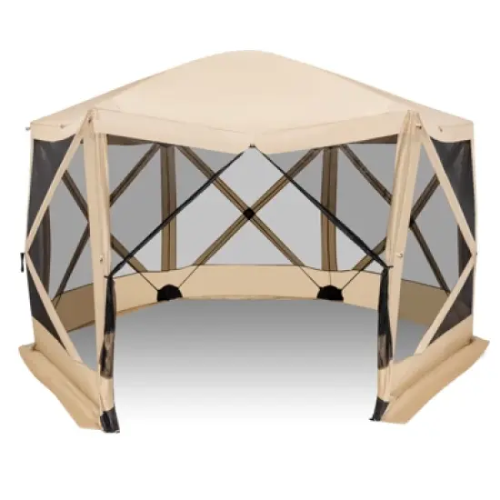 Costway 11.5 X 11.5 FT 6-Sided Pop-up Screen House Tent With 2 Wind Panels for Camping Coffee/Green image {9}