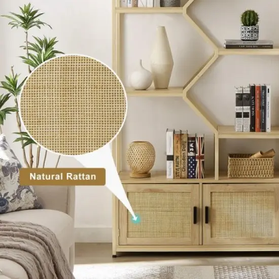 7-Tier Rattan Storage Bookshelf with 2 Doors, Natural &ndash; ModernLuxe image {8}