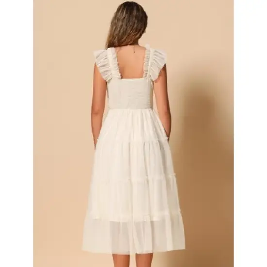 INSPIRE CHIC Women's Summer Midi Sleeveless Smocked Square Neck Tiered Ruffled Wedding Guest Dress image {3}