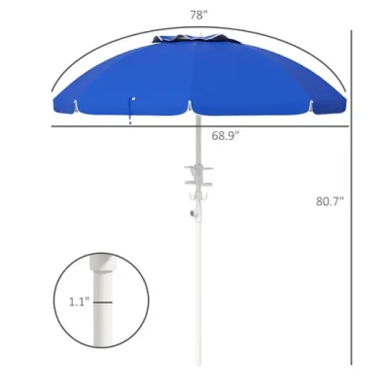 DOMETOUR Outsunny 5.7' Beach Umbrella, Tilt, Adjustable Height, Cup Holders, Hooks, UV 40+ Ruffled Canopy, Vented, Blue image {9}