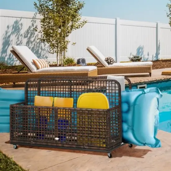 Outsunny Wheeled Patio Wicker Pool Float Storage, Pool Caddy w/ Compartment & Basket image {2}