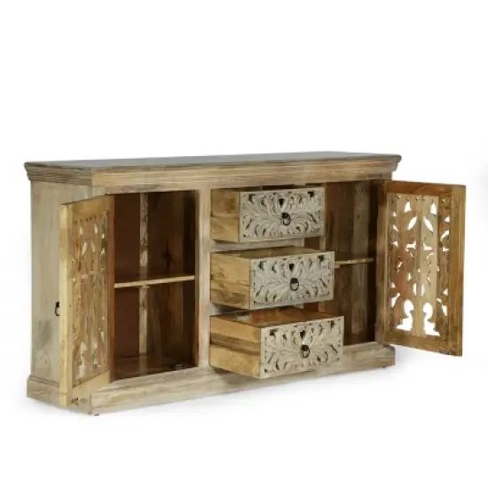 Horeb Boho Handcrafted Mango Wood 3 Drawer Sideboard Antique White - Christopher Knight Home image {1}