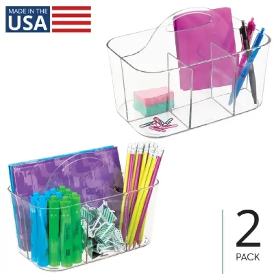 mDesign Small Plastic Caddy Tote for Desktop Office Supplies, 2 Pack, Clear image {9}
