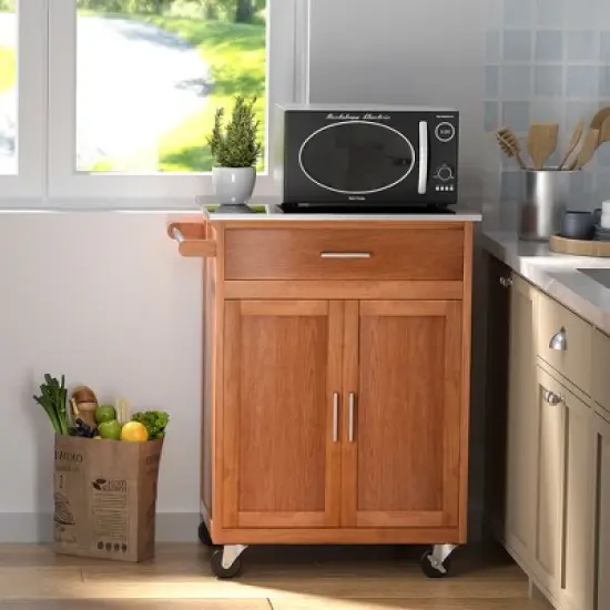 Costway Wood Kitchen Trolley Cart Stainless Steel Top Rolling Storage Cabinet Island image {1}