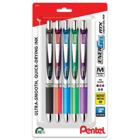 Pentel 5ct Rollergel Pens Energel 0.7mm Multiple Color Ink: Quick Drying, Retractable, Blue, Green, Black, Stationery Set image {8}