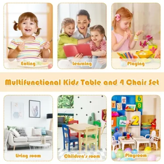 Costway Kids 5 Piece Table Chair Set Pine Wood Multicolor Children Play Room Furniture image {6}