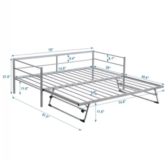 Twin Size Daybed With Pop Up Trundle, Bed Frame With Braces Safety Guardrail, No Box Spring Needed, Sturdy Metal Slat Support, Folding Platform Bed image {5}