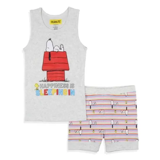 Peanuts Girls' Snoopy Happiness Is Sleeping In Pajama Set Tank Top Shorts Grey image {6}