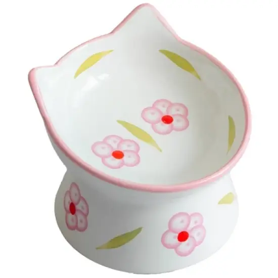 Dexypaws: Elevated Ceramic Cat Bowl, Floral White & Blush Pink, 7oz image {6}