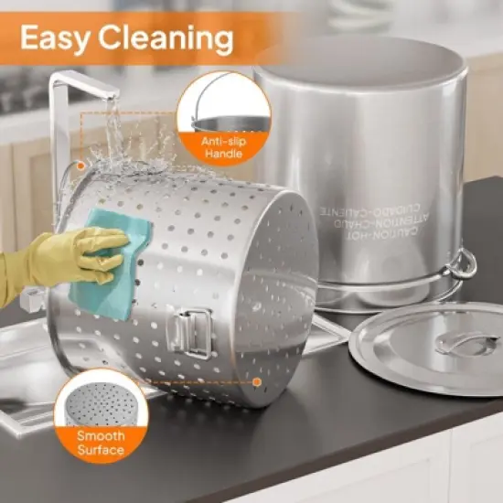 Winado 44 QT 3-Piece Stainless Steel Stock Pots with Strainer Basket, Lid, Hook and Steamer image {7}