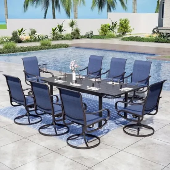 Captiva Designs 9pc Patio Dining Set with Slat-top Adjustable Steel Rectangle Table & Textilene Swivel Chairs image {15}