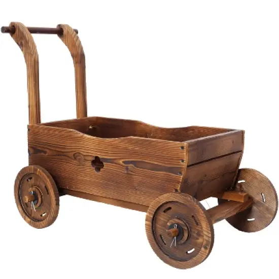 Wooden Wagon Planter Box, Mobile Garden Planter with 4 Wheels, Handle, Drain Hole, Decorative Flower Planter Brown image {4}