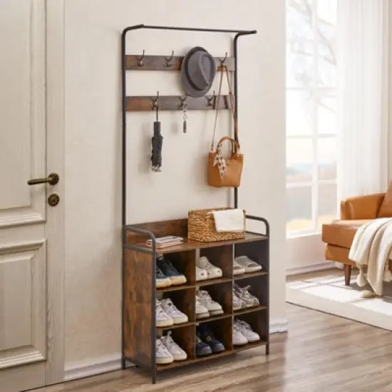 3 in 1 Entryway Coat Rack and Storage Organizer with Shoe Rack 7 Hooks and Hanging Rod Perfect for Hallway or Entryway image {2}