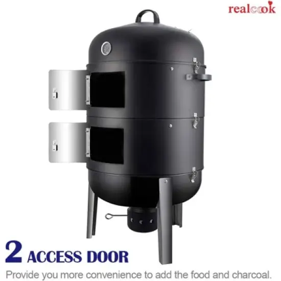 Realcool 20 Inch Vertical Heavy Duty Steel Round Charcoal Outdoor BBQ Smoker Grill with Bottom Air Vent and Latch Locking System, Black image {3}