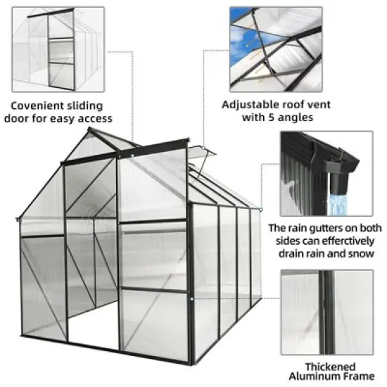 6x8 FT Polycarbonate Greenhouse Raised Base and Anchor Aluminum Heavy Duty Walk image {2}