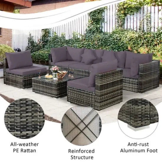 Costway 7PCS Patio Rattan Furniture Set Sectional Sofa Garden Gray Cushion image {7}
