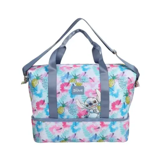 Disney Stitch Embroidered Character Art On Tropical Print 17.5" Duffle Bag image {7}