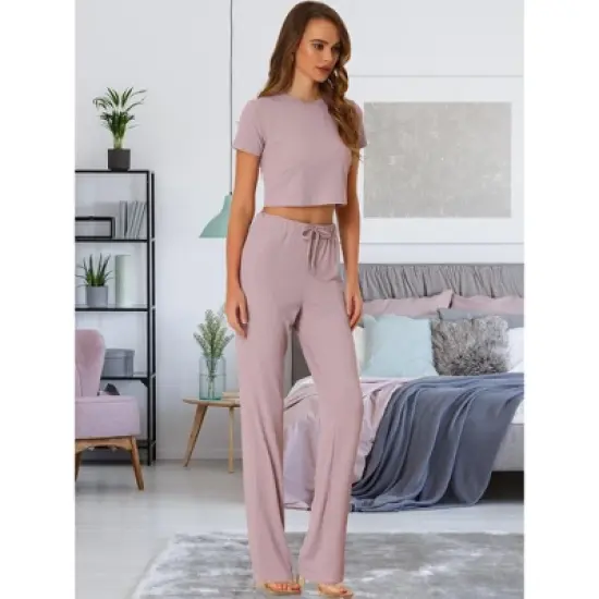 Allegra K Women's Two Pieces Short Sleeve Bodycon Ribbed Knit Crop Top Loose Wide Leg Pant Casual Lounge Set image {1}